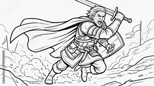 Coloring page for children - a warrior runs forward with a battle cry, holding his sword high over his head