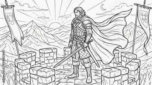 Coloring page for children - a warrior at sunset with a sword, standing on a stone tower in a heroic pose