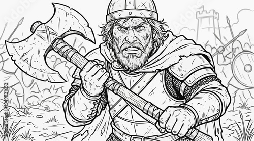 Coloring page for children - a fierce warrior holds a massive battle axe in close-up with a determined expression