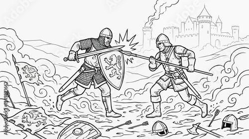 Coloring page for children - two warriors fighting fiercely on a foggy battlefield with swords and shields