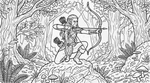 Coloring page for children - an elf archer is sitting on a moss-covered rock in an ancient forest
