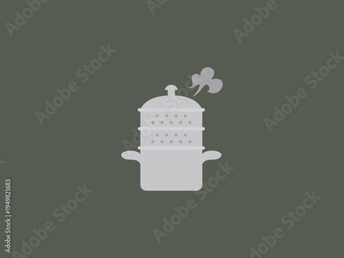 A flat, minimalist illustration of a light grey tiered steamer pot with a lid