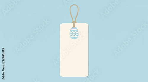 Minimalist Easter egg shaped cutout on a blank beige rectangular tag with a brown string loop, isolated on a light blue background, ideal for spring holiday sale promotions and gift labeling