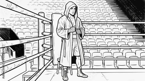 Coloring page for children - a boxer in a satin robe waiting for a fight in a boxing ring