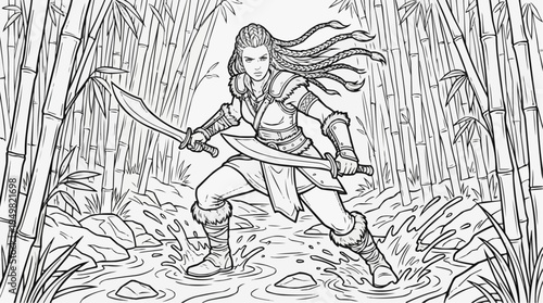 Coloring page for children - a warrior woman in leather and fur with two curved swords in a bamboo forest