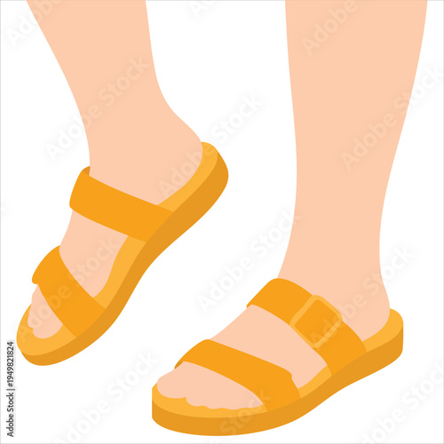 Top view of flip flop sandals with feet for beach and summer footwear vector