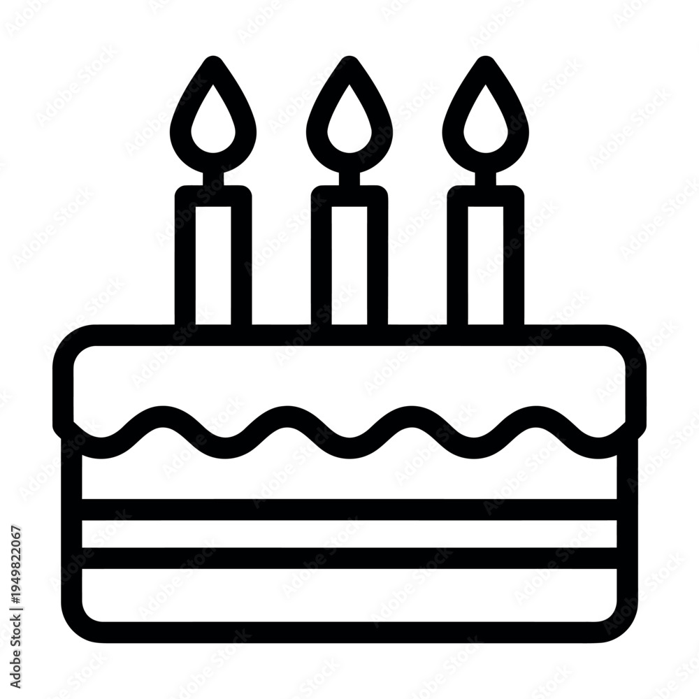 Obraz premium Black and white line art icon of a birthday cake with three lit candles