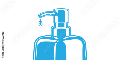 A blue soap dispenser with a single drop of liquid, vector art and whit background