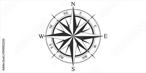 Black and White Compass Rose with Cardinal and Intercardinal Directions wind navigation