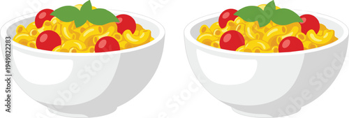 Two Bowls of Fresh Cornflake Cereal with Milk, Red Cherries and Green Mint Leaves Garnish Vector Illustration for Breakfast, Healthy Snack, Food Menu, Blog, Cafe Design and Nutrition Graphics