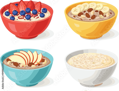 Healthy Breakfast Oatmeal and Porridge Bowl Icon Set with Strawberry, Blueberry, Banana, and Apple Toppings for Nutrition Apps, Menus, and Wellness Designs