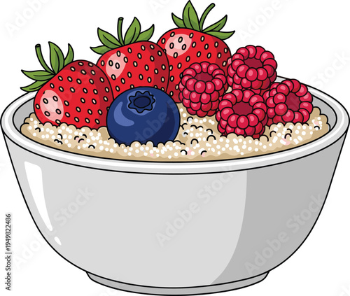 Healthy Oatmeal Bowl Topped with Fresh Strawberries, Raspberries, Blueberries, Creamy Yogurt and Granola Crunch Vector Illustration for Breakfast, Nutrition, Fitness, Diet Plans and Food Blog Designs