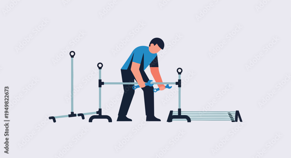 Fototapeta premium A person with a wrench assembles a metal structure with a pipe framework