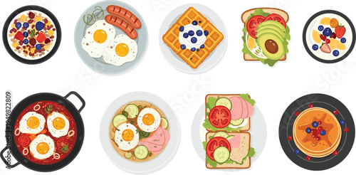 Breakfast and Brunch Food Icon Set with Fried Eggs, Sausages, Waffles with Blueberries, Avocado Toast, and Sandwiches for Restaurant Menus and Apps