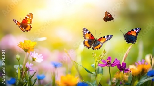 Vibrant Butterflies Gracing a Sunny Meadow with Colorful Wildflowers
