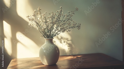 Delicate White Flowers in Vase Bathed in Warm Sunlight and Shadows