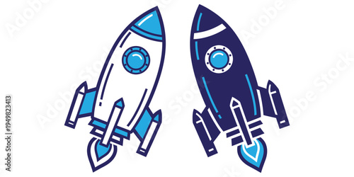Two cartoon rockets flying side by side in blue and white colors, vector art and whit background