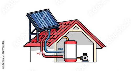 Vector illustration of solar powered water heating system for house