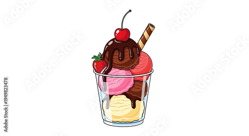 Vector illustration of a sundae with ice cream, chocolate sauce, and cherry