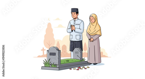 Couple praying at a grave with flowers scattered on the ground