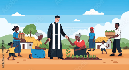 A religious figure interacts with community members in a rural setting