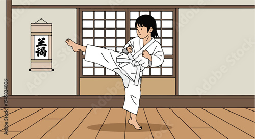 Young person in a white gi performs a martial arts kick in a dojo