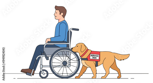 A person in a wheelchair is accompanied by a golden service dog wearing a vest