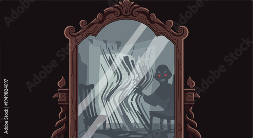 Ornate mirror reflects a shadowy, red-eyed figure and distorted, abstract shapes