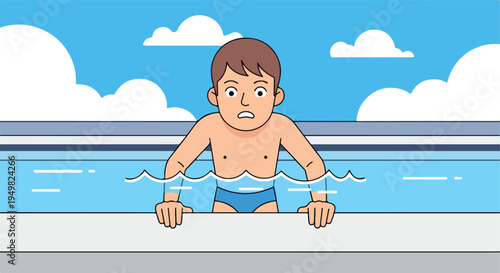 A cartoon person with a worried expression emerges from a swimming pool on a cloudy day