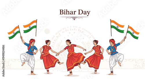 Illustration of dancers in traditional attire celebrating Bihar Day with Indian flags, conveying a cultural and festive mood with vibrant colors.