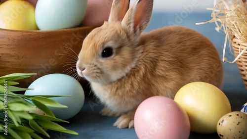 Cute Easter Bunny Sitting Among Colorful Decorated Eggs in Wicker Baskets with Green Leaves on
