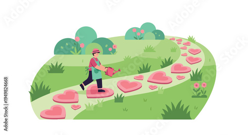 A person waters heart-shaped stepping stones on a garden path