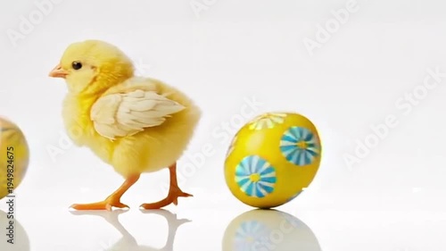 Cute yellow chick standing near colorful Easter eggs with floral patterns on reflective surface