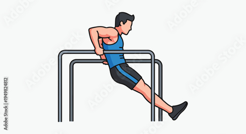 Muscular man performing dips exercise on parallel bars for upper body strength