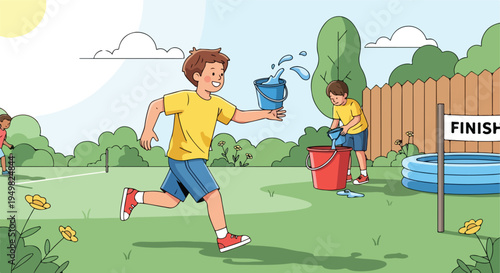 Children play a water bucket race in a sunny backyard with a finish line