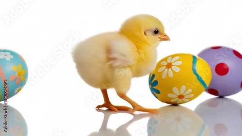 Cute yellow chick standing on colorful Easter eggs with floral and polka dot patterns close up shot