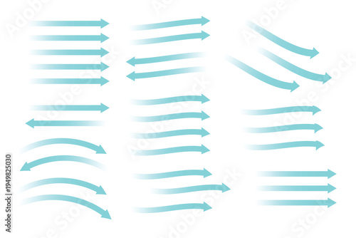 A set of blue air flow arrows illustrating cold wind streams and fresh air movement. These transparent vector elements show direction, rotation, and circulation flow.