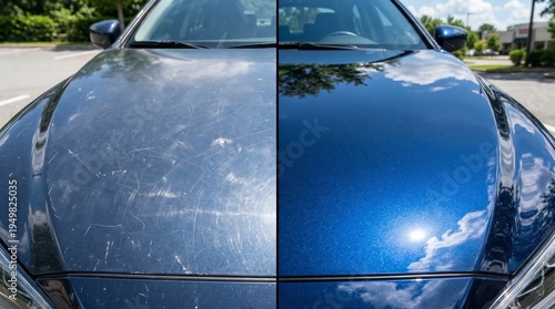 Blue car paint comparison showing scratched versus polished ceramic finish