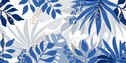 Abstract tropical leaves in shades of blue and gold accents