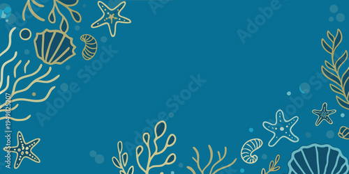 Golden marine life illustrations on a teal blue background texture