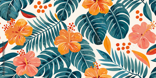 Tropical floral pattern with hibiscus flowers and large green leaves