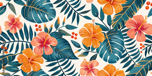 Tropical floral pattern with hibiscus flowers and lush green leaves