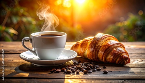 Hot coffee cup with croissant and coffee beans on wooden table