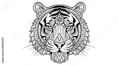 Intricate Tiger Head Mandala – Zentangle Style Black and White Line Art Illustration