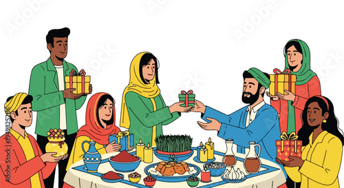 Diverse group celebrates gathering around a table laden with food and gifts