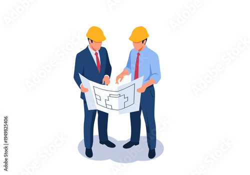 Two male architects in neat business attire and yellow safety helmets are standing together, holding a large paper blueprint and actively discussing the building plan against a solid white background
