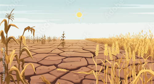 Arid farmland with cracked earth and struggling crops under a bright sun