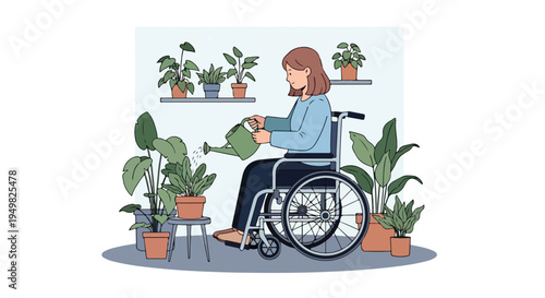 Person in wheelchair watering numerous houseplants in a bright, airy room