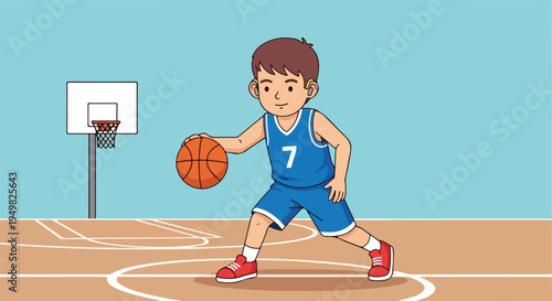 Young athlete with hearing aid dribbles basketball on court