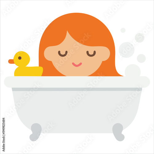 Girl in bathtub with rubber duck for hygiene concept vector